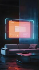 Modern living room with futuristic holographic display and ambient lighting