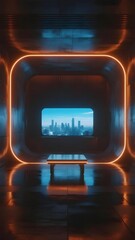 Futuristic interior with neon-lit tunnel and cityscape view