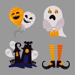 Halloween Decorations and Symbols Ghosts, Witch Legs, Haunted House, and Balloons