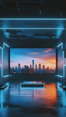 Futuristic interior with neon-lit room overlooking a city skyline at sunset