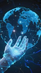 A glowing digital hand interacting with a futuristic Earth globe surrounded by network connections and data points.