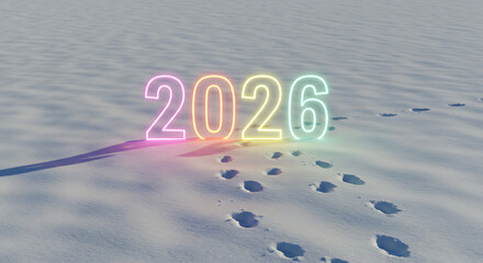 2026 Neon Sign in Snow: A vibrant neon sign of the year 2026 casts a colorful glow upon a pristine snow-covered landscape, accompanied by a trail of footprints in the snow.