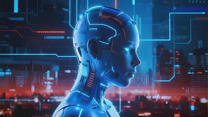 A futuristic humanoid robot with glowing blue circuitry, set against a neon-lit cyber cityscape at night.