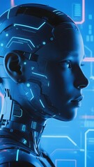 Profile of a humanoid robot with glowing blue circuitry and futuristic design elements
