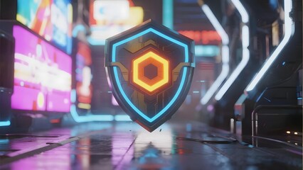 Futuristic shield emblem glowing in a neon-lit cyber city corridor