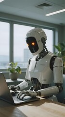 Humanoid robot working on a laptop in a modern office environment