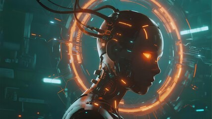 Cybernetic humanoid with glowing orange circuits and futuristic interface in a high-tech environment