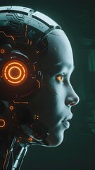 Profile of a humanoid robot with glowing orange circuitry and cybernetic enhancements