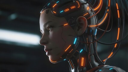 Close-up of a humanoid robot with glowing orange and blue circuitry on its head and neck, set in a dark futuristic environment.
