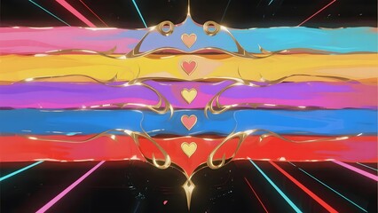 Abstract colorful layered design with glowing hearts and symmetrical patterns
