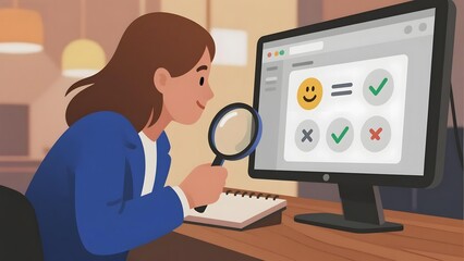 Woman examining computer screen with magnifying glass, analyzing smiley face and checkmarks