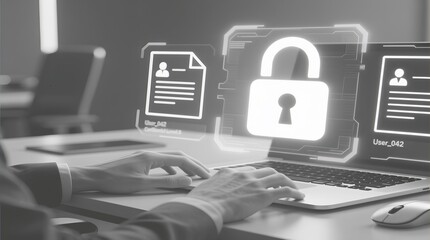Closeup of hands typing on a laptop with a glowing padlock icon and document icons, symbolizing data security and privacy in digital information