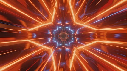 Abstract neon tunnel with symmetrical light patterns and glowing geometric design