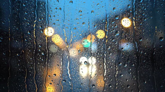 A slow zoom into a rain-soaked window, showcasing blurry outdoor lights and a profound sense of isolation and introspection quiet, texture, motion