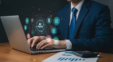 Man in a suit working on a laptop with a vibrant holographic display of ai, dollar sign, and various business icons, illustrating digital transformation and financial technology