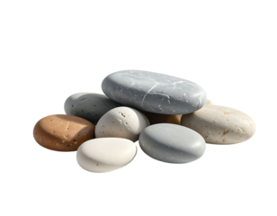 Group of smooth, colorful, rounded stones against a stark, dark background