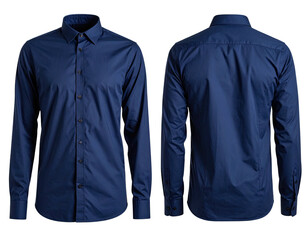 Front and back views of a smooth, navy blue long-sleeved button-down shirt