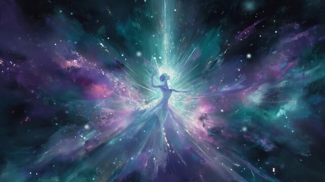 Celestial dancer in cosmic nebula abstract figure amidst starry sky
