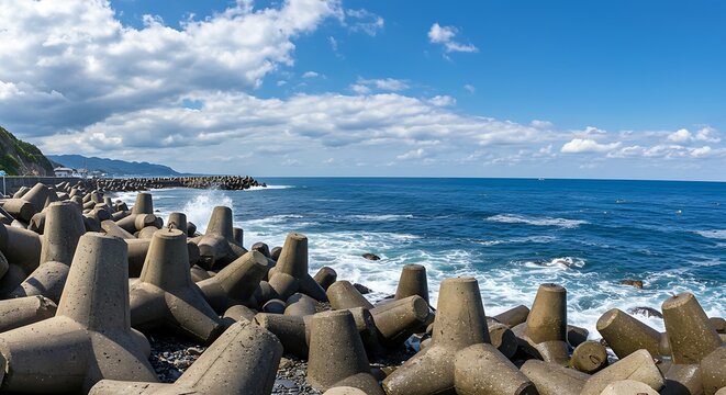 Concrete tetrapods protecting coastline under blue sky and ocean waves
