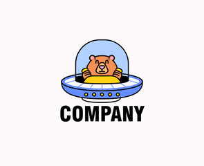 Cartoon logo featuring a smiling bear character inside a colorful UFO spaceship, fun and modern mascot design suitable for gaming, kids brand, entertainment, technology, or creative company