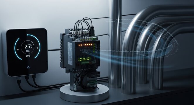 Smart home automation system with digital thermostat and industrial control unit.