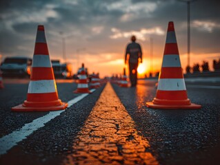 Traffic cones mark a roadway as a worker walks into the setting sun along the centerline at twilight time.