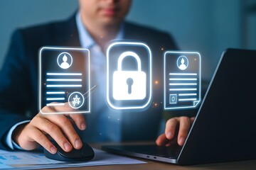 Person using a computer mouse and laptop with a glowing digital padlock icon and document icons, signifying data security, privacy, and cybersecurity protection
