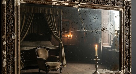 Antique Bedroom Reflected in Ornate Mirror.