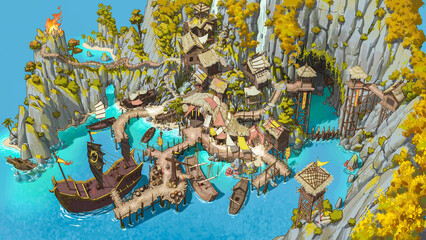 Obraz premium illustrations of ship and mountain