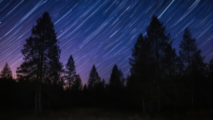 Star trails over a dark forest