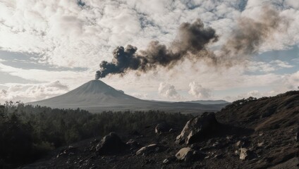 Volcanic eruption, dark smoke plumes rising from a mountain peak, surrounded by forested slopes and volcanic rock
