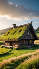 Rustic Cabin with Green Roof Amidst Rolling Hills in Sunny Day