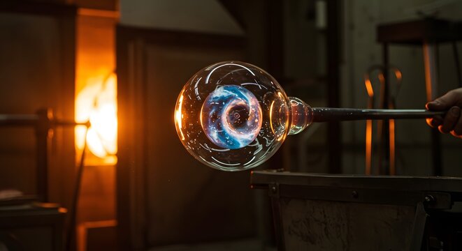 Dramatic shot of an artisan glassblower expanding molten glass to reveal a swirling, miniature, blue-sky galaxy, symbolizing the creation of new possibilities