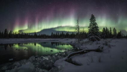 Nighttime aurora borealis over a frozen river.  A stunning display of vibrant colors reflected in the still water, with a snowy landscape