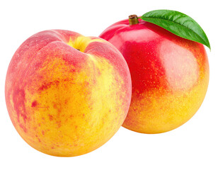 Two ripe, vibrant fruits against a transparent backdrop, one with a green leaf