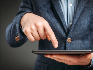 A businessman in a blue suit uses his finger to navigate a digital tablet, showcasing modern technology access.