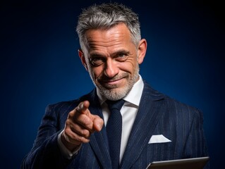 Confident mature businessman in a suit pointing his finger directly at the viewer with a playful expression.