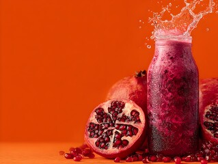Fresh pomegranate juice splashes out of a glass bottle, vibrant fruit and seeds set against orange backdrop.