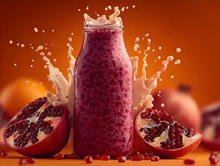 A refreshing pomegranate smoothie in a glass bottle with milk splashing against orange colored background now.
