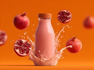 A delicious pomegranate smoothie in a glass bottle surrounded by fresh pomegranates with a milk splash effect.