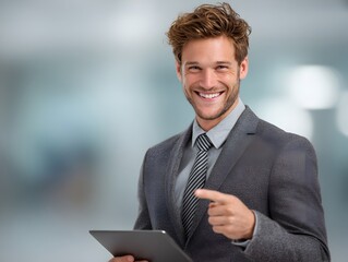 Smiling businessman pointing and using tablet in bright modern office environment looking toward the viewer.