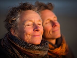 Two mature women wea scarves bask in the warm glow of the setting sun with closed eyes contentedly smiling.