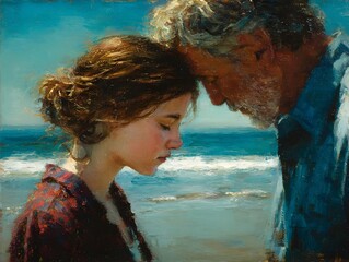A touching painting depicts a loving father and daughter sha a tender moment on the beautiful beach shore.