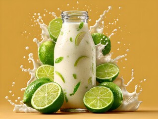 Creamy lime drink in glass bottle surrounded by fresh limes and a splash of milk on a yellow background.