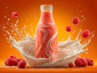 A raspberry swirl drink splashes out of a bottle surrounded by fresh berries on an orange background surface.