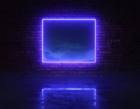 Neon illuminated brick wall with a square light, representing a modern design - Powered by Adobe