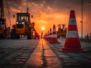 Row of traffic cones directs vehicles through road construction zone du a vibrant sunset scene today.
