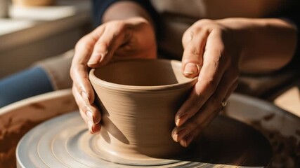 Hands mold clay on a spinning wheel creating a pot in bright lighting