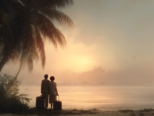 Romantic couple stands on a tropical beach with luggage looking out at the sunrise, creating a serene scene.