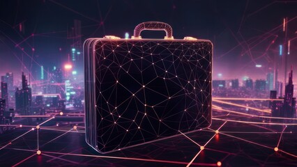 Dynamic digital briefcase glowing with neon network connections against a futuristic cityscape backdrop, symbolizing global business and innovation.